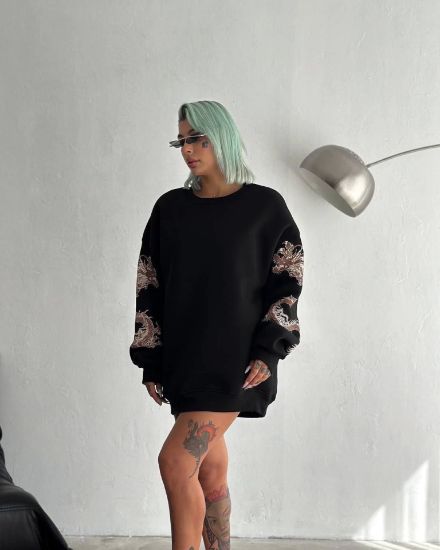 Bisiklet Yaka Baskılı SweatShirt - Siyah resmi
