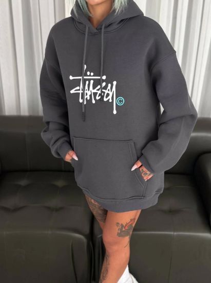 Üç İplik Kapşonlu Baskılı SweatShirt - Füme resmi