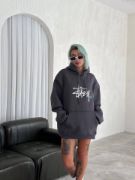 Üç İplik Kapşonlu Baskılı SweatShirt - Füme resmi