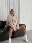 Üç İplik Kapşonlu Baskılı SweatShirt - Bej resmi