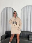 Üç İplik Kapşonlu Baskılı SweatShirt - Bej resmi