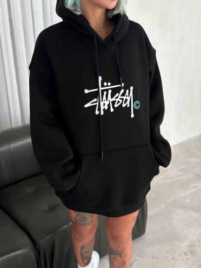 Üç İplik Kapşonlu Baskılı SweatShirt - Siyah resmi