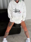 Üç İplik Kapşonlu Baskılı SweatShirt - Beyaz resmi