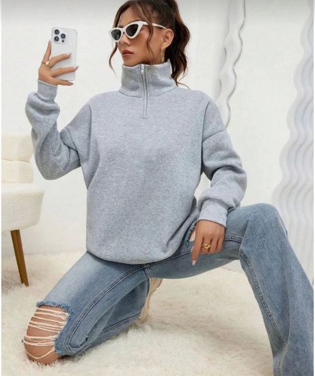 Unisex Uzun Kol Yarım Farmuarlı Yakalı Basic SweatShirt - Gri resmi