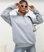 Unisex Uzun Kol Yarım Farmuarlı Yakalı Basic SweatShirt - Gri resmi