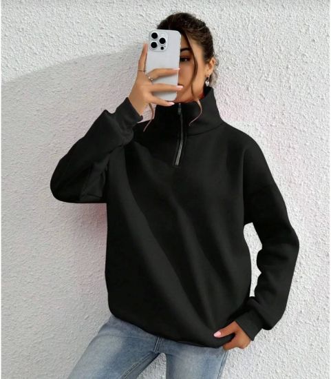 Unisex Uzun Kol Yarım Farmuarlı Yakalı Basic SweatShirt - Siyah resmi