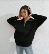 Unisex Uzun Kol Yarım Farmuarlı Yakalı Basic SweatShirt - Siyah resmi