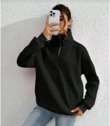 Unisex Uzun Kol Yarım Farmuarlı Yakalı Basic SweatShirt - Siyah resmi