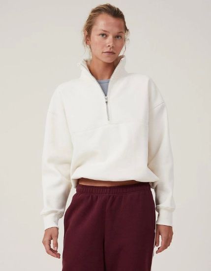 Oversize Yarım Farmuarlı Yakalı Basic SweatShirt - Beyaz resmi