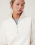 Oversize Yarım Farmuarlı Yakalı Basic SweatShirt - Beyaz resmi