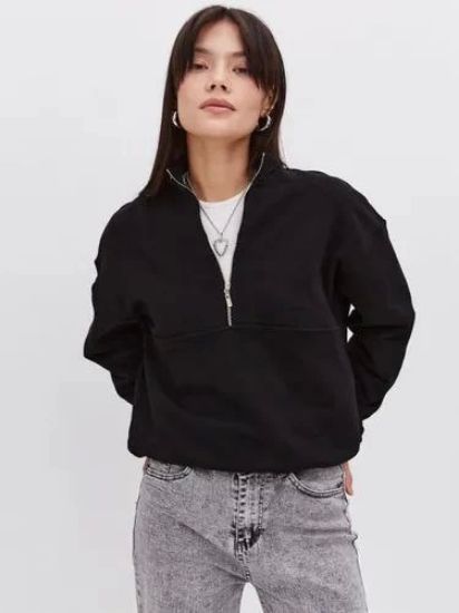 Oversize Yarım Farmuarlı Yakalı Basic SweatShirt - Siyah resmi