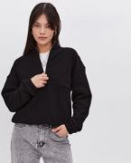 Oversize Yarım Farmuarlı Yakalı Basic SweatShirt - Siyah resmi