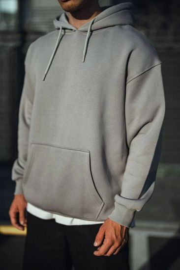 Üç İplik Penye Kapşonlu Basic SweatShirt - Boyalı Gri resmi
