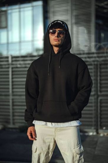 Üç İplik Penye Kapşonlu Basic SweatShirt - Siyah resmi