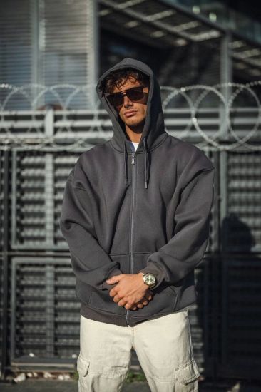 Oversize Tam Fermuarlı Uzun Kol Hırka - Füme resmi