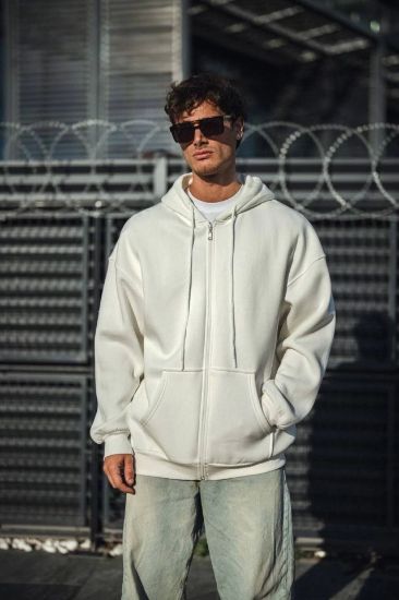 Oversize Tam Fermuarlı Uzun Kol Hırka - Beyaz resmi