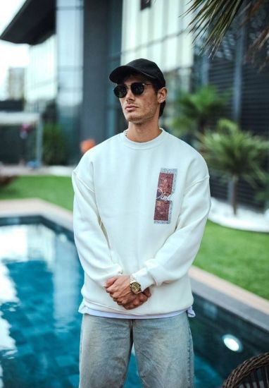 Uzun Kol Bisiklet Yaka Ön Ve Arka Baskılı SweatShirt - Beyaz resmi