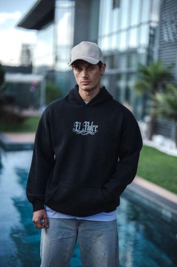 Üç İplik Penye Kapşonlu Baskılı SweatShirt - Siyah resmi