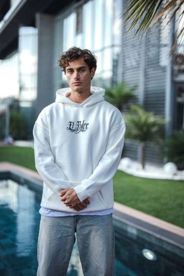 Üç İplik Penye Kapşonlu Baskılı SweatShirt - Beyaz resmi