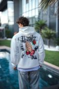 Üç İplik Penye Kapşonlu Baskılı SweatShirt - Beyaz resmi