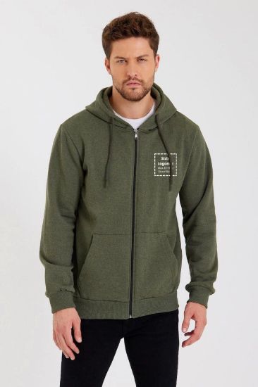 Unisex Tam Fermuarlı Kapşonlu Özel Tasarım SweatShirt - Haki resmi