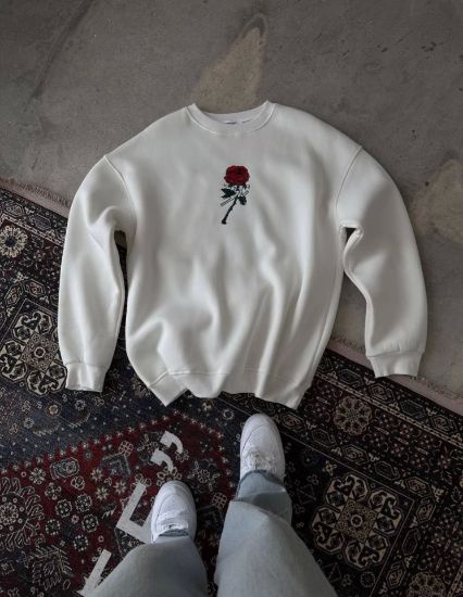 Unisex Bisiklet Yaka Ön Ve Arka Baskılı SweatShirt - Beyaz resmi