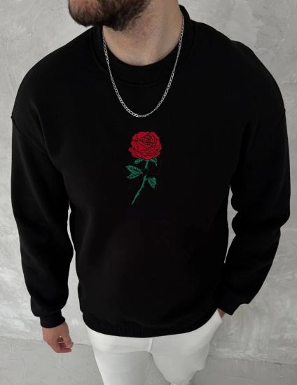Unisex Bisiklet Yaka Ön Ve Arka Baskılı SweatShirt - Siyah resmi