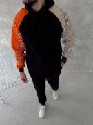 Üç İplik Penye Kapşonlu Parçalı SweatShirt - Siyah resmi