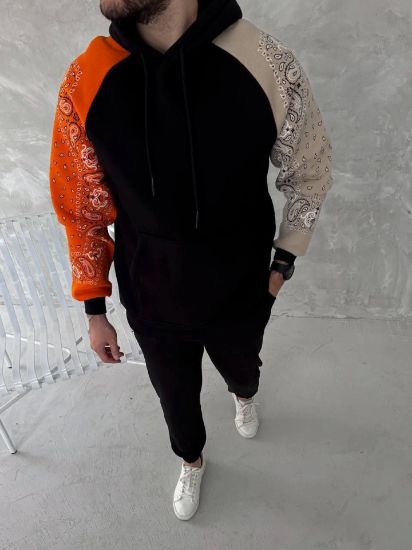 Üç İplik Penye Kapşonlu Parçalı SweatShirt - Siyah resmi