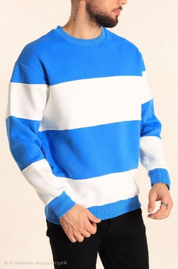 Parçalı Bisiklet Yaka Baskılı SweatShirt - Mavi resmi