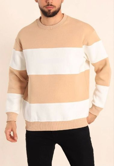 Parçalı Bisiklet Yaka Baskılı SweatShirt - Bej resmi