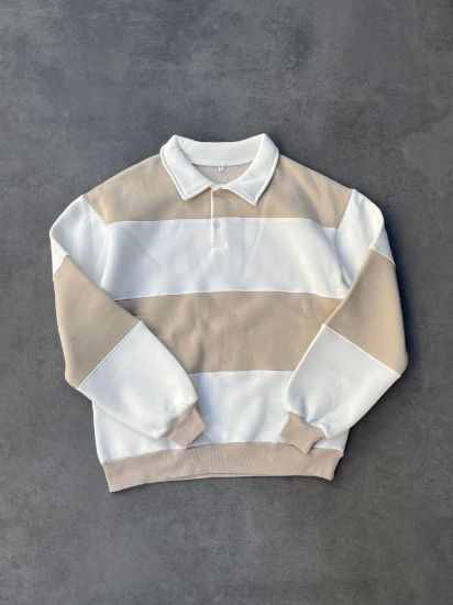 Unisex Üç İplik Parçalı Yakalı SweatShirt - Bej resmi