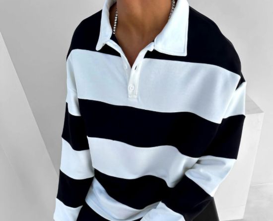 Unisex Üç İplik Parçalı Yakalı SweatShirt - Siyah resmi