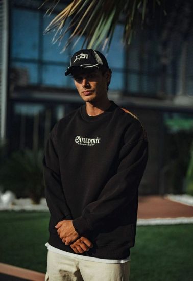 Oversize Bisiklet Yaka Baskılı SweatShirt - Siyah resmi