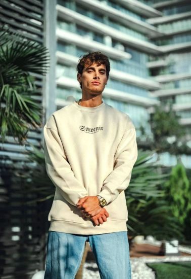 Oversize Bisiklet Yaka Baskılı SweatShirt - Beyaz resmi