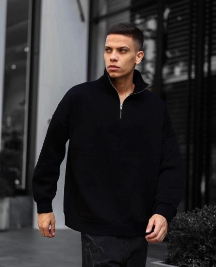 Erkek Yarım Fermuarlı Üç İplik Sweatshirt - Siyah resmi