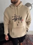 Üç İplik Kapşonlu Baskılı SweatShirt - Bej resmi