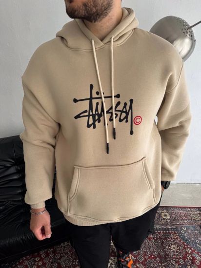 Üç İplik Kapşonlu Baskılı SweatShirt - Bej resmi