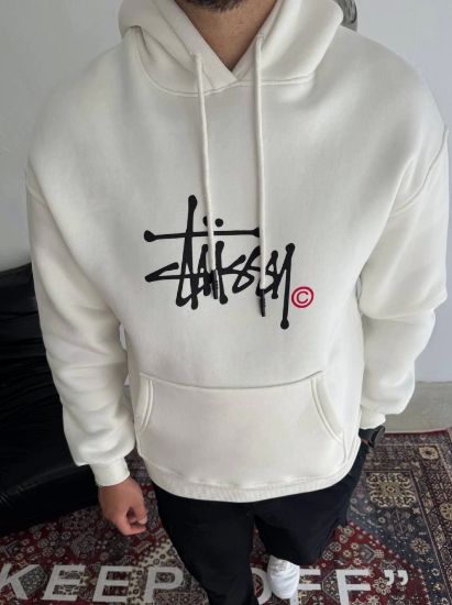 Üç İplik Kapşonlu Baskılı SweatShirt - Beyaz resmi