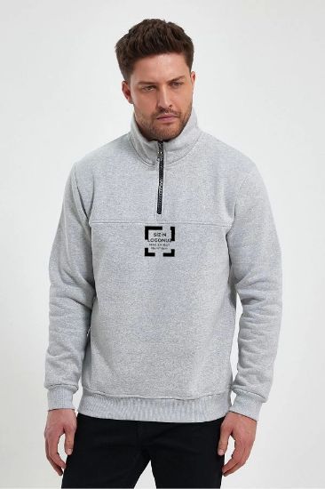 Oversize Yarım Farmuarlı Yakalı Özel Tasarım Basic SweatShirt - Gri resmi