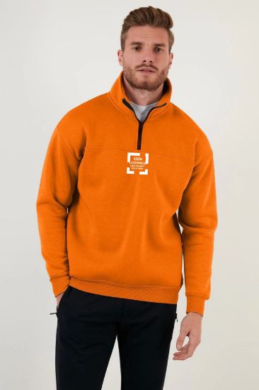 Oversize Yarım Farmuarlı Yakalı Özel Tasarım Basic SweatShirt - Turuncu resmi