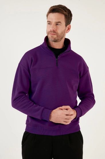 Oversize Yarım Farmuarlı Yakalı Basic SweatShirt - Mor resmi