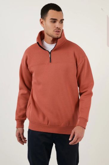 Oversize Yarım Farmuarlı Yakalı Basic SweatShirt - Gül Kurusu resmi
