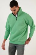 Oversize Yarım Farmuarlı Yakalı Basic SweatShirt - Yeşil resmi