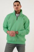 Oversize Yarım Farmuarlı Yakalı Basic SweatShirt - Yeşil resmi