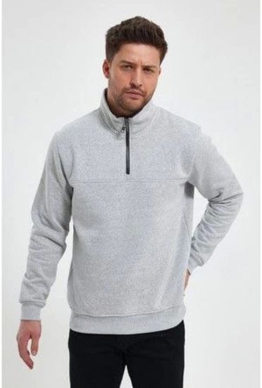 Oversize Yarım Farmuarlı Yakalı Basic SweatShirt - Gri resmi