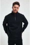 Oversize Yarım Farmuarlı Yakalı Basic SweatShirt - Siyah resmi