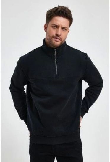 Oversize Yarım Farmuarlı Yakalı Basic SweatShirt - Siyah resmi