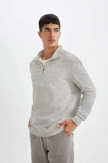 Unisex Uzun Kol Yarım Farmuarlı Yakalı Basic SweatShirt - Gri resmi