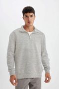 Unisex Uzun Kol Yarım Farmuarlı Yakalı Basic SweatShirt - Gri resmi